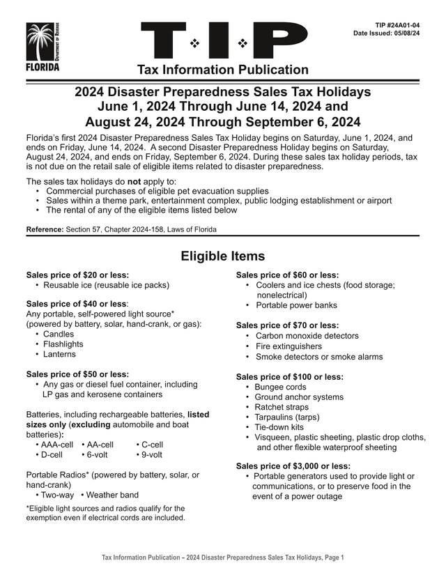 Tax Information Publication   2024 Disaster Preparedness Sales Tax Holidays screenshot