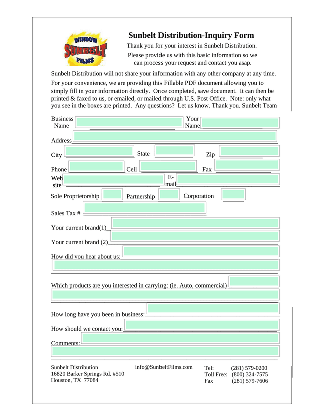 Sunbelt Distribution Inquiry Form screenshot