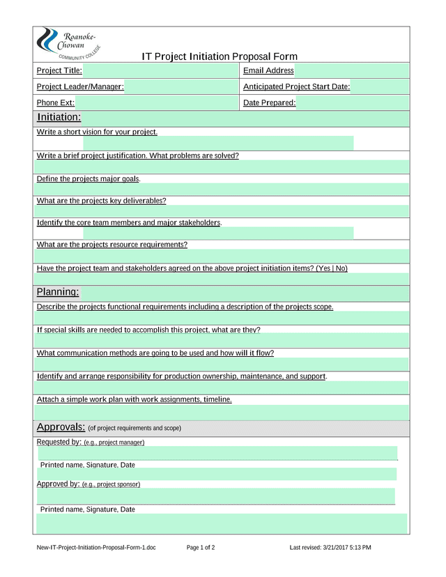 IT Project Initiation Proposal Form screenshot