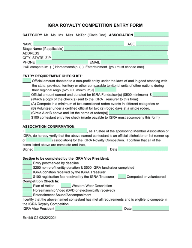 IGRA Royalty Competition Entry Form screenshot