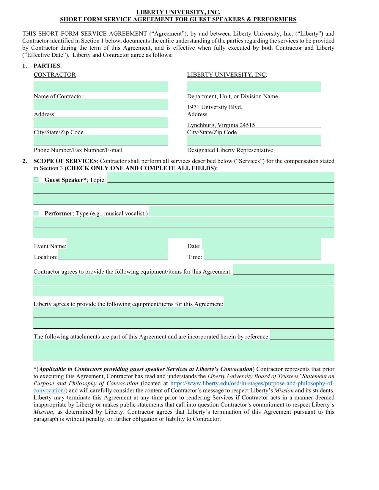 Liberty University Short Form Service Agreement For Guest Speakers  Performers screenshot