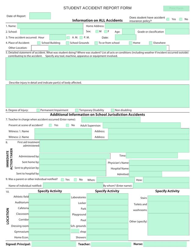 STUDENT ACCIDENT REPORT FORM screenshot