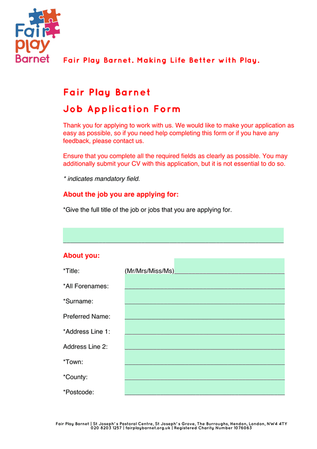 Fair Play Barnet Job Application Form screenshot