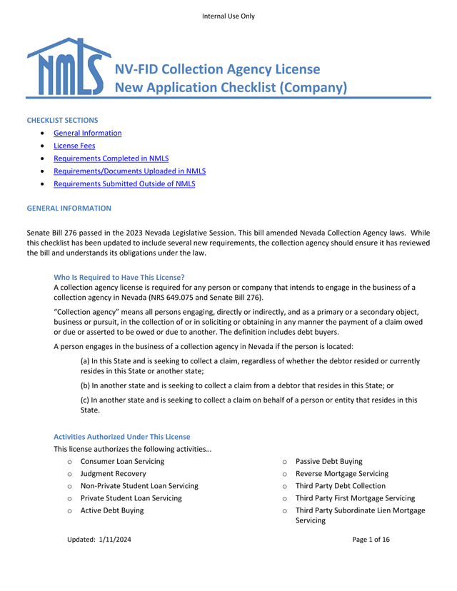 NV FID Collection Agency License New Application Checklist (Company) screenshot