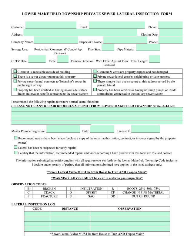 Lower Makefield Township Private Sewer Lateral Inspection Form screenshot