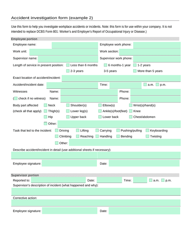 Accident Investigation Form (Example 2) screenshot