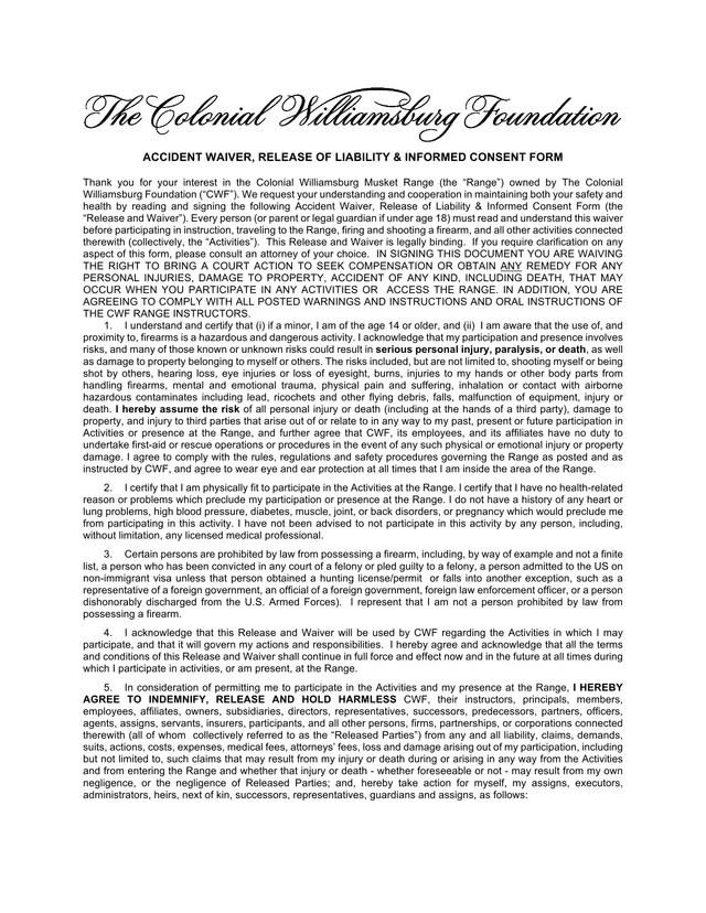 Accident Waiver, Release Of Liability  Informed Consent Form screenshot
