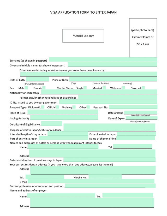 VISA APPLICATION FORM TO ENTER JAPAN screenshot