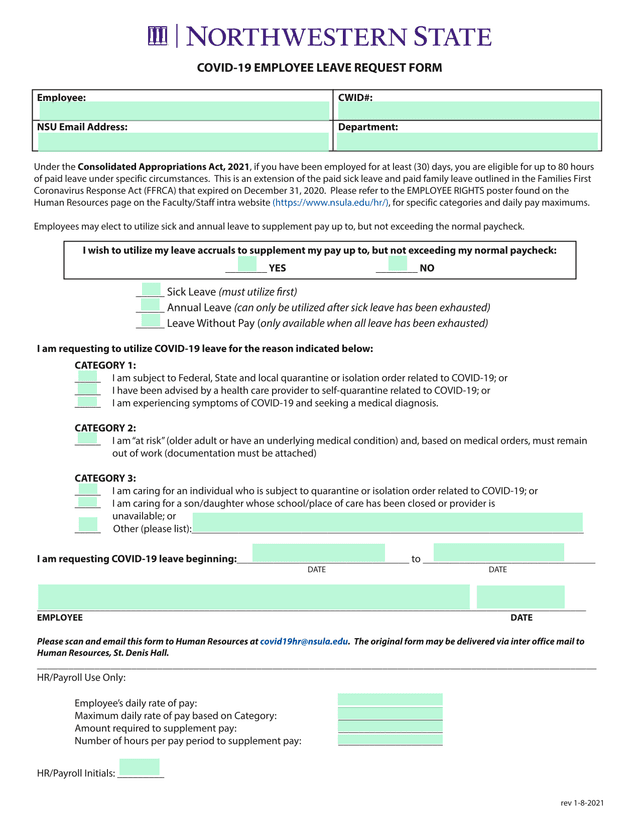 COVID 19 EMPLOYEE LEAVE REQUEST FORM screenshot