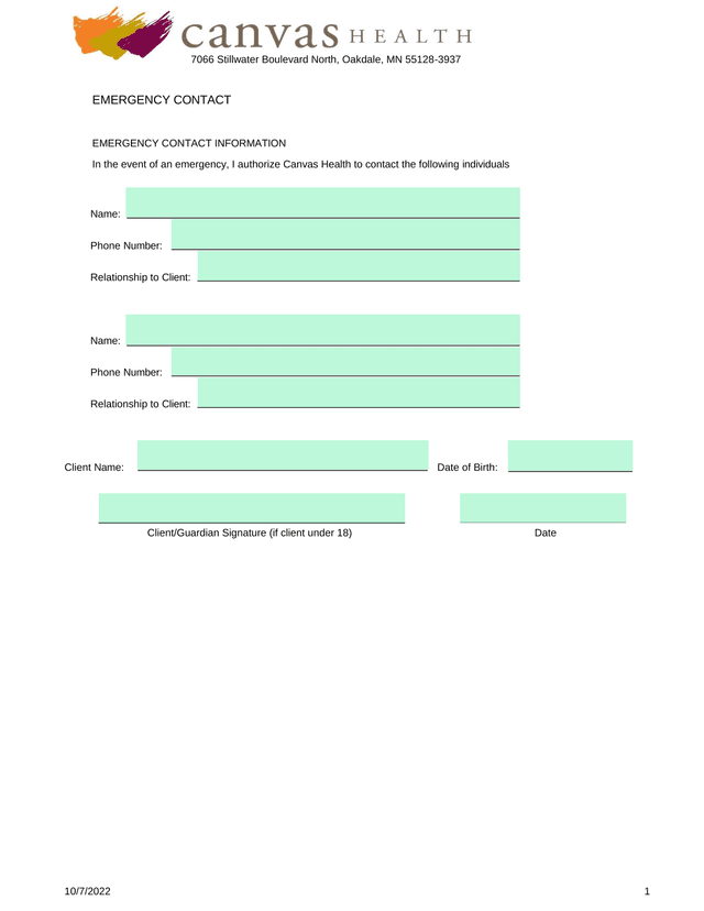 Emergency Contact And Privacy Practices (HIPAA) screenshot