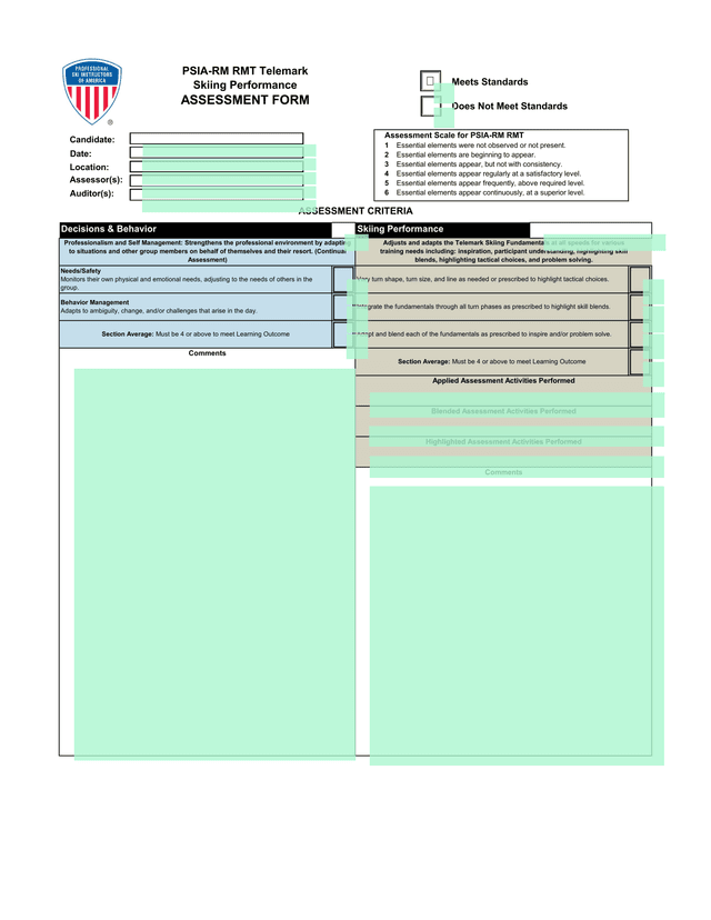 PSIA RM RMT Telemark Skiing Performance Assessment Form screenshot