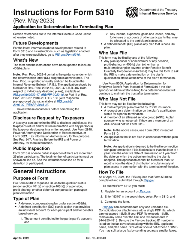 Form 5310 (Rev. May 2023) screenshot