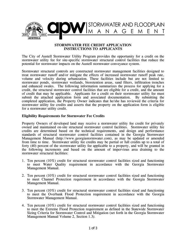 Stormwater Fee Credit Application Instructions screenshot