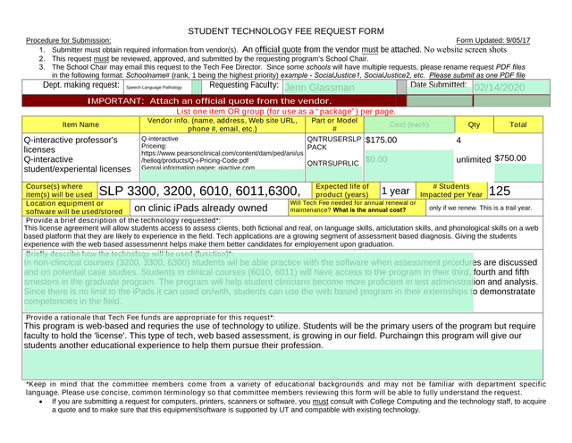 Student Technology Fee Request Form screenshot