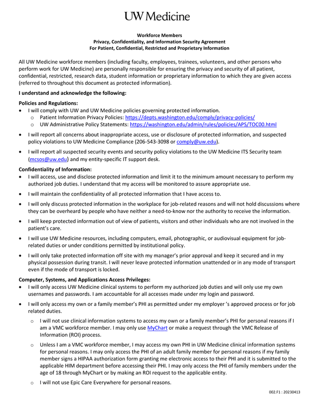 Workforce Members Privacy, Confidentiality, And Information Security Agreement screenshot