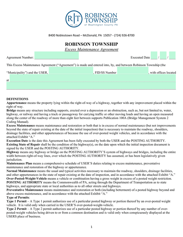 Robinson Township Excess Maintenance Agreement screenshot
