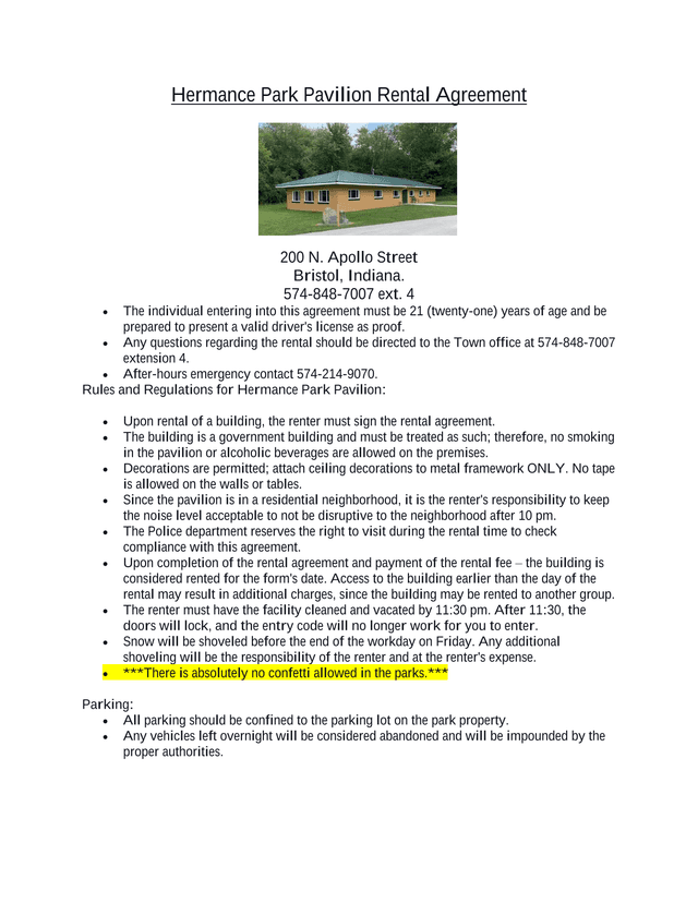 Hermance Park Pavilion Rental Agreement screenshot