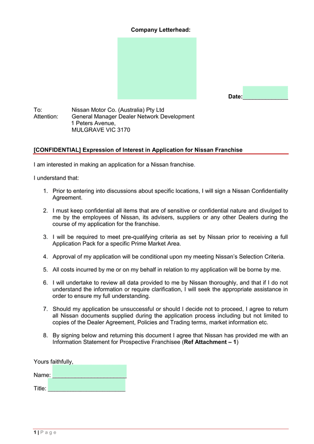 Expression Of Interest In Application For Nissan Franchise screenshot