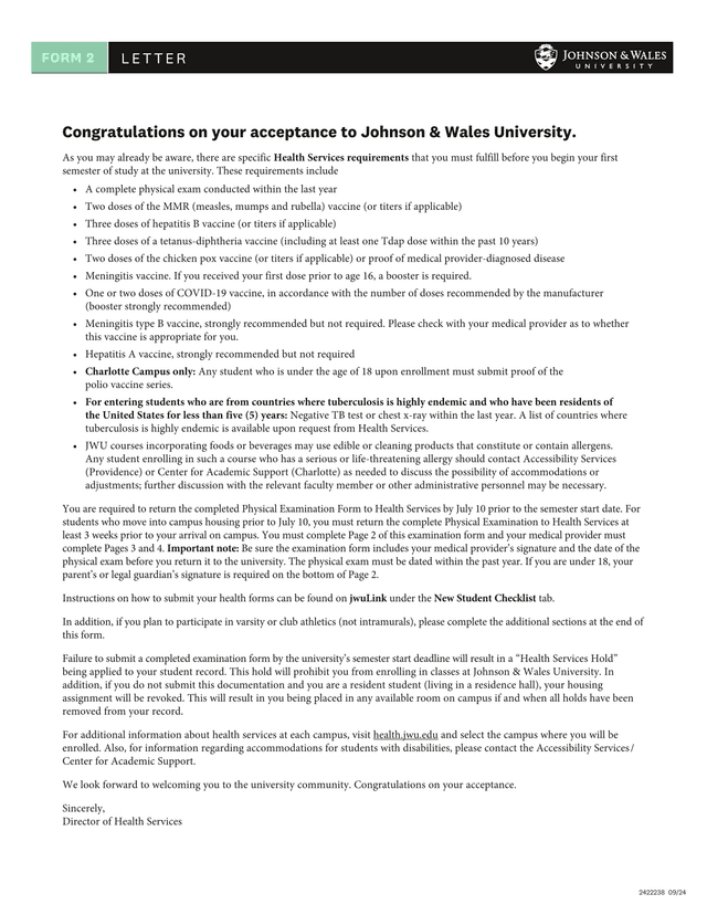 Johnson  Wales University Health Services Requirements screenshot