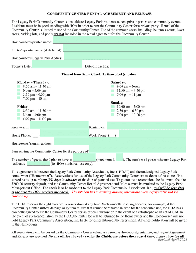 Community Center Rental Agreement And Release screenshot