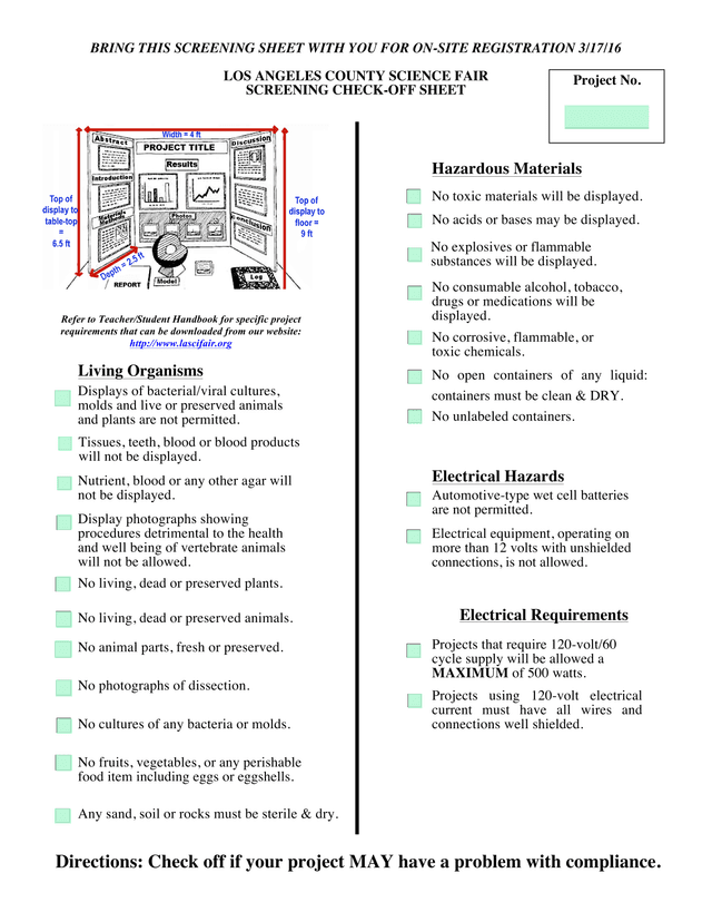 Los Angeles County Science Fair Screening Check Off Sheet screenshot