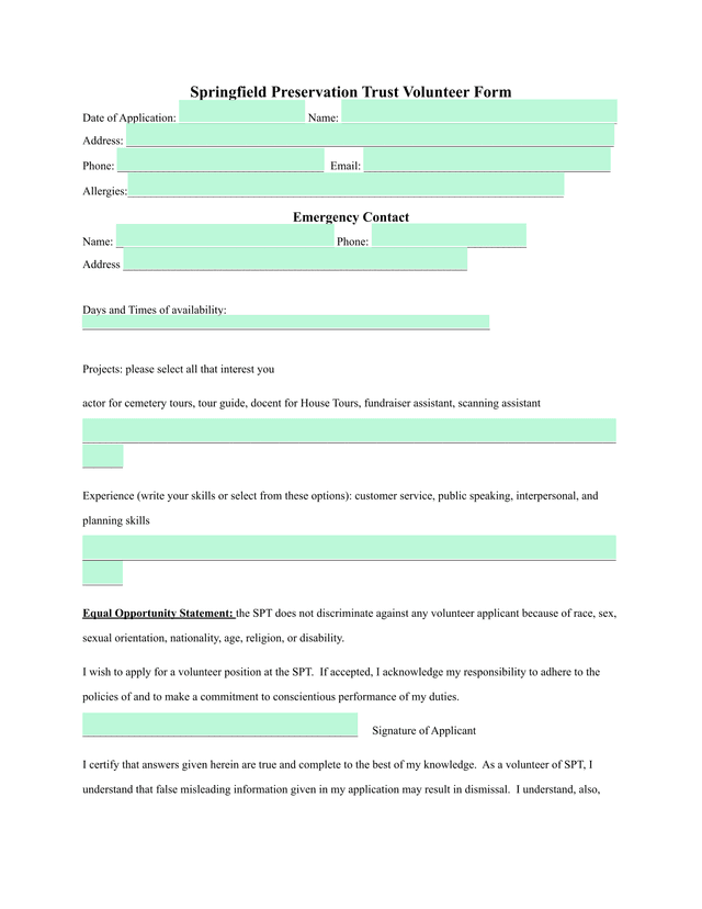 Springfield Preservation Trust Volunteer Form screenshot