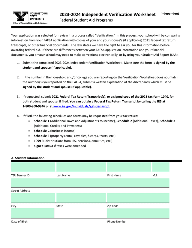 2023 2024 Independent Verification Worksheet screenshot
