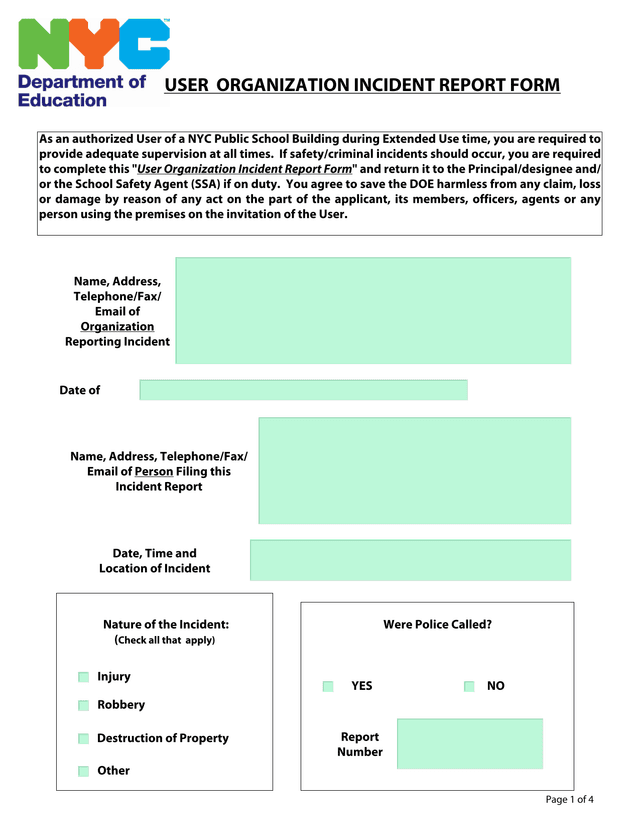 USER ORGANIZATION INCIDENT REPORT FORM screenshot