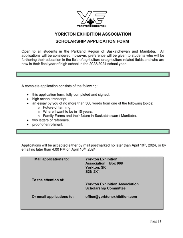 Yorkton Exhibition Association Scholarship Application Form screenshot