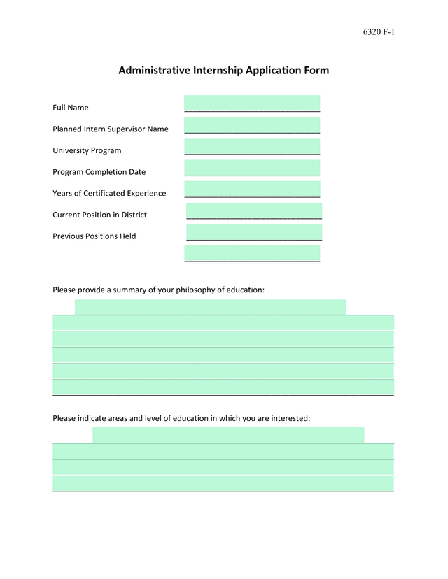 Administrative Internship Application Form screenshot