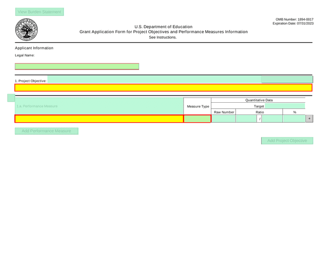 Grant Application Form For Project Objectives And Performance Measures Information screenshot