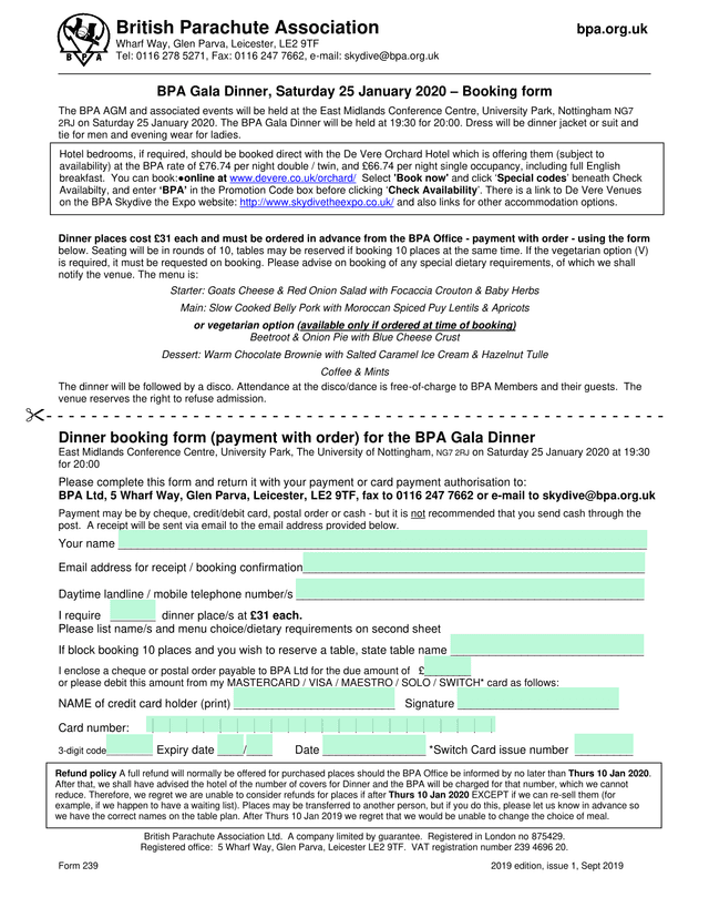 BPA Gala Dinner Booking Form screenshot