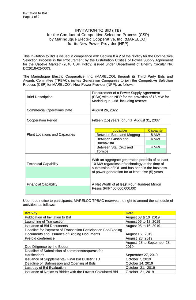 Invitation To Bid (ITB) screenshot