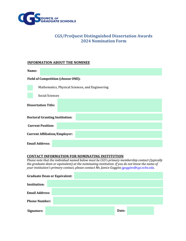 CGSProQuest Distinguished Dissertation Awards 2024 Nomination Form screenshot