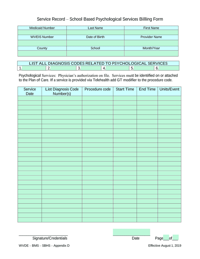 Service Record  School Based Psychological Services Billing Form screenshot