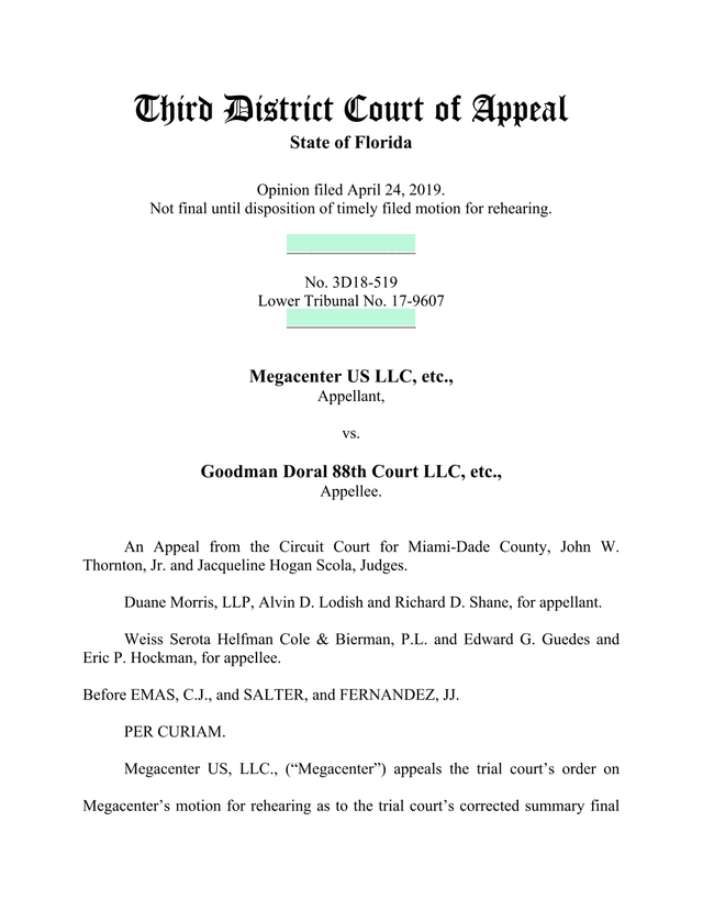 Third District Court Of Appeal Opinion   Megacenter US LLC Vs. Goodman Doral 88th Court LLC screenshot