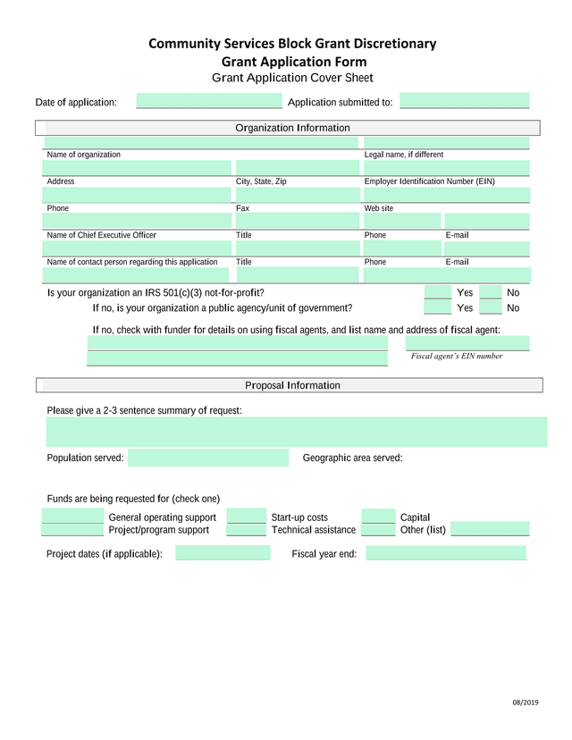 Community Services Block Grant Discretionary Grant Application Form screenshot