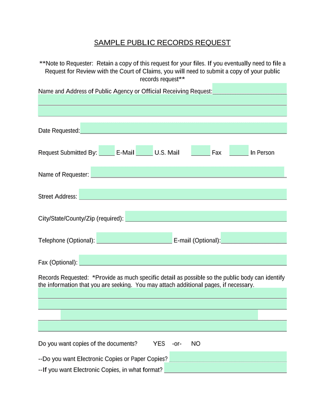 Sample Public Records Request screenshot