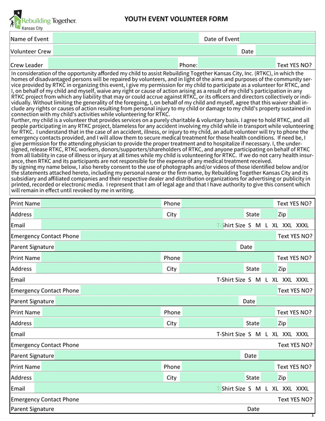 Youth Event Volunteer Form screenshot