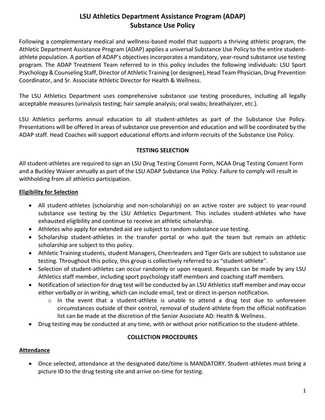 LSU Athletics Department Assistance Program (ADAP) Substance Use Policy screenshot