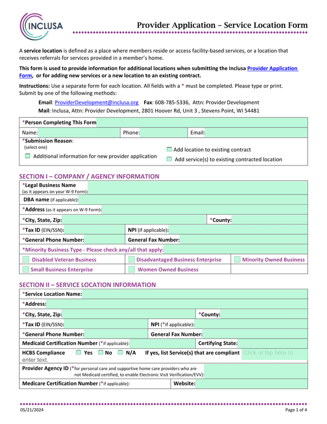 Provider Application  Service Location Form screenshot