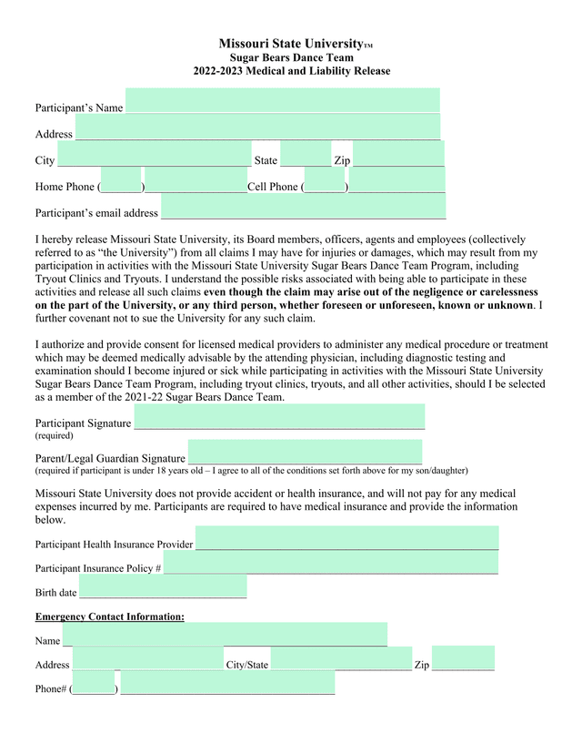 Missouri State University Sugar Bears Dance Team Medical And Liability Release screenshot
