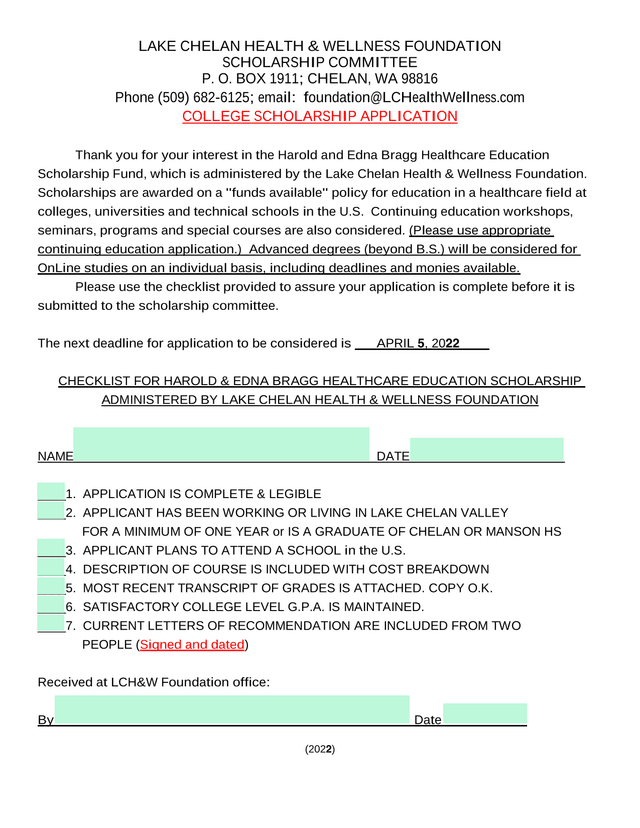 Harold And Edna Bragg Healthcare Education Scholarship Application screenshot