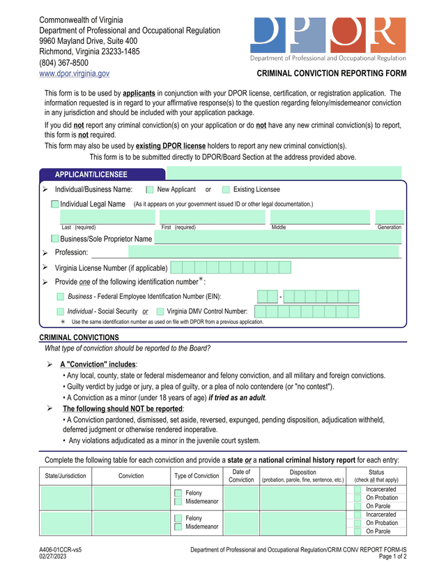 Criminal Conviction Reporting Form screenshot