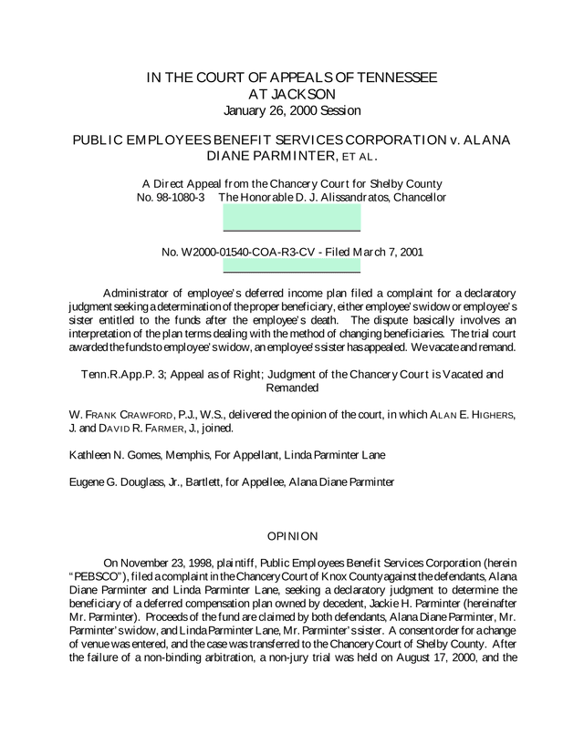 PUBLIC EMPLOYEES BENEFIT SERVICES CORPORATION V. ALANA DIANE PARMINTER, ET AL. screenshot