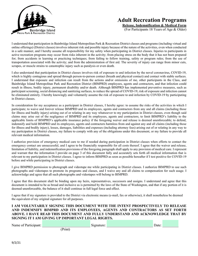 Adult Recreation Programs Release, Indemnification  Medical Form screenshot
