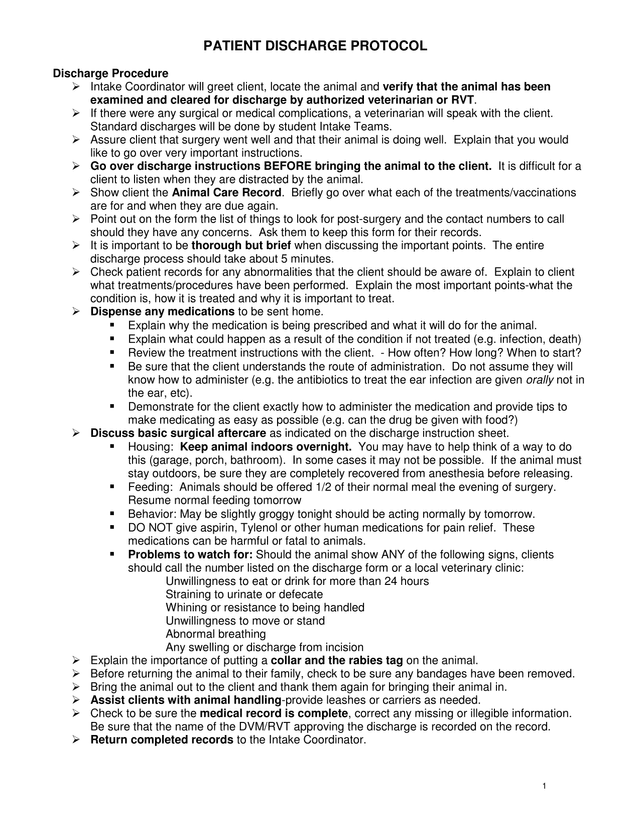 PATIENT DISCHARGE PROTOCOL screenshot