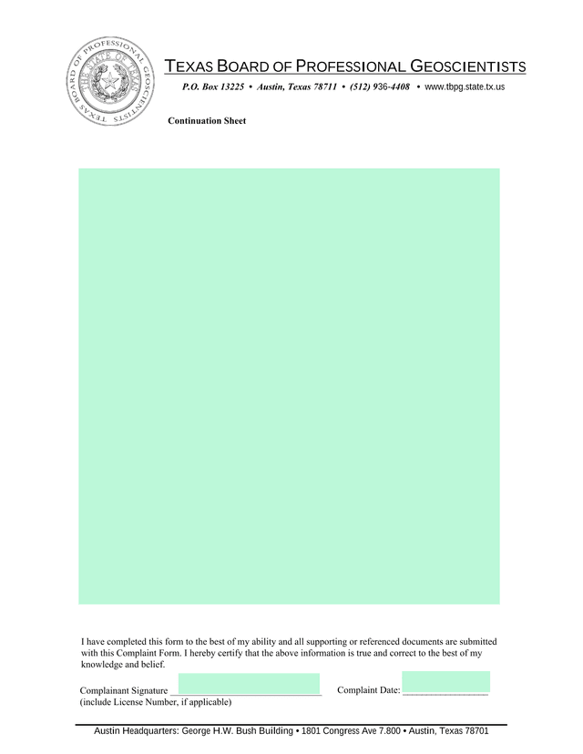 Texas Board Of Professional Geoscientists Complaint Form screenshot