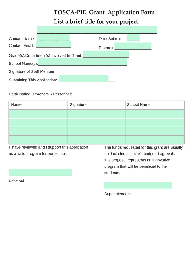 TOSCA PIE Grant Application Form screenshot