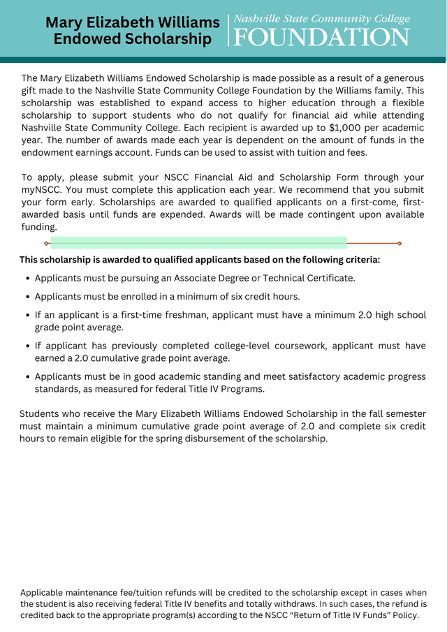 Mary Elizabeth Williams Endowed Scholarship screenshot